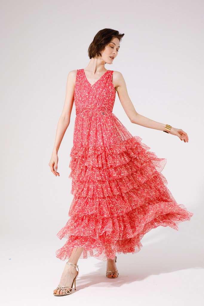 PRINTED TULLE DRESS WITH FLOUNCED SKIRT<br>