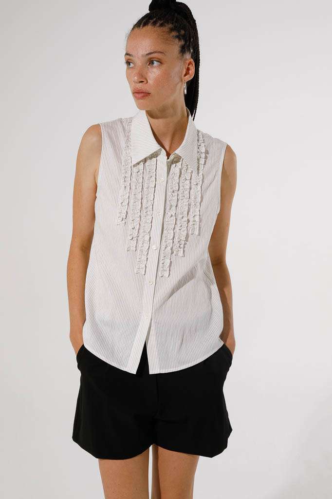 STRIPED COTTON SLEEVELESS SHIRT WITH RUFFLES