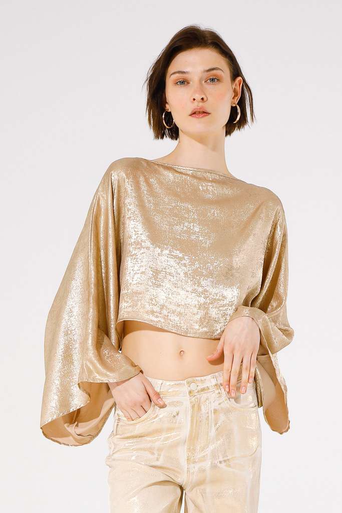BLUSA A PIPISTRELLO LAMINATA<br>