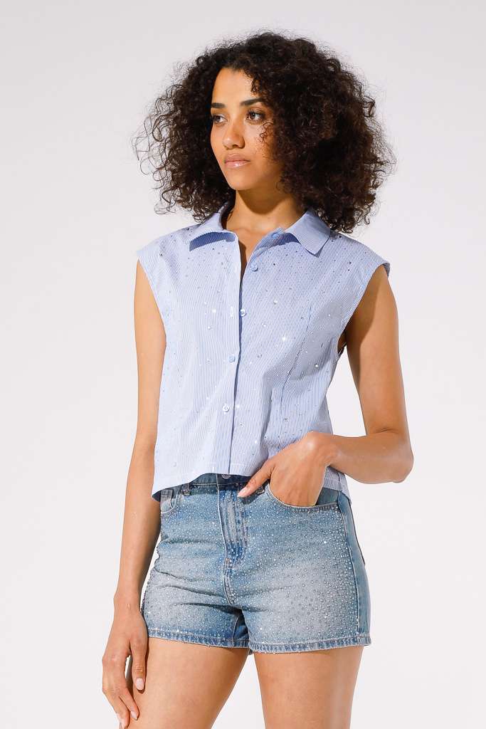 CAMICIA A RIGHE IN COTONE CON HOTFIX