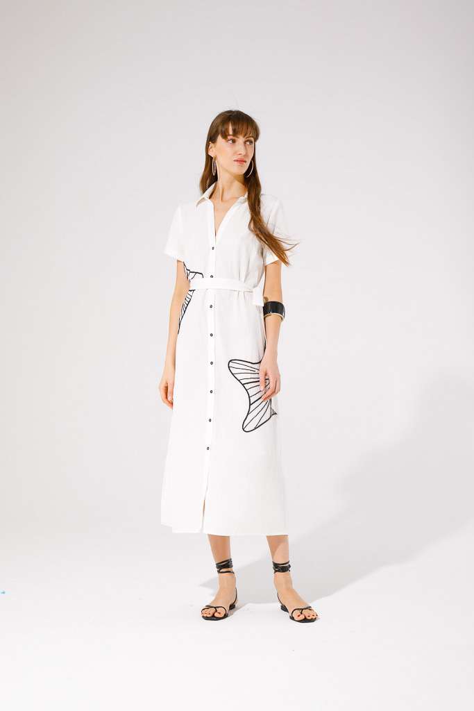 VESTITO CHEMISIER MISTO LINO CON RICAMI <br>