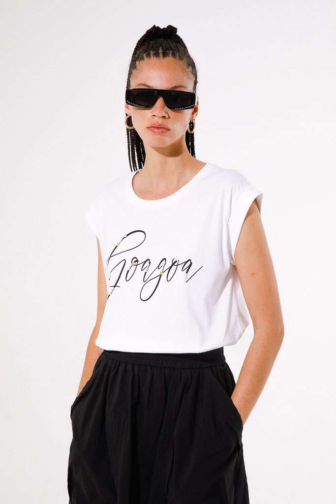 T-SHIRT CON LOGO STAMPATO E PERLE