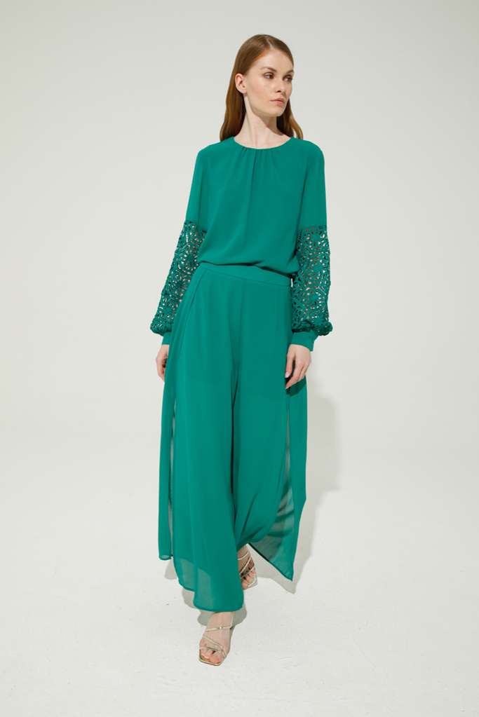 BLUSA IN CHIFFON CON MANICHE IN PIZZO MACRAME' - REF: MALIBÙ