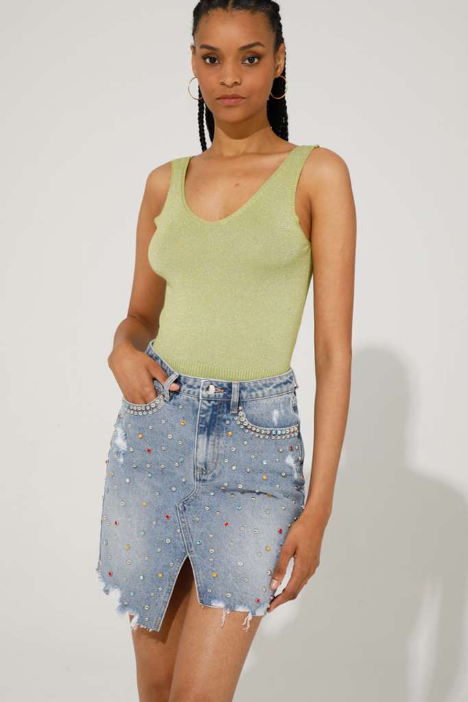 SHORT DENIM SKIRT WITH COLORED RIVETS - Ref: Glicine