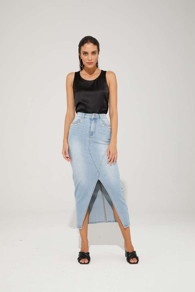 GONNA MIDI IN JEANS CON CABOCHON_ REF. MARTINA
