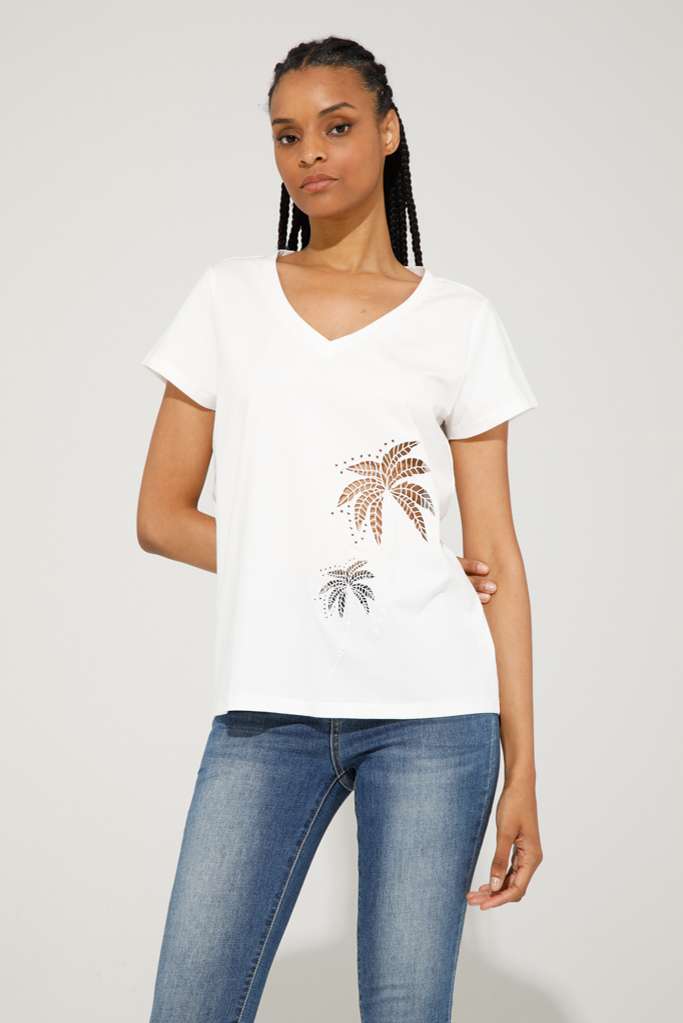 TSHIRT V NECK COM MOTIVO PALMA RICAMATO - REF: ROATAN